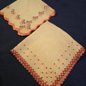 Handkerchief Linen Machine Embroidery Set of 2 Pink Red Grey 1970s